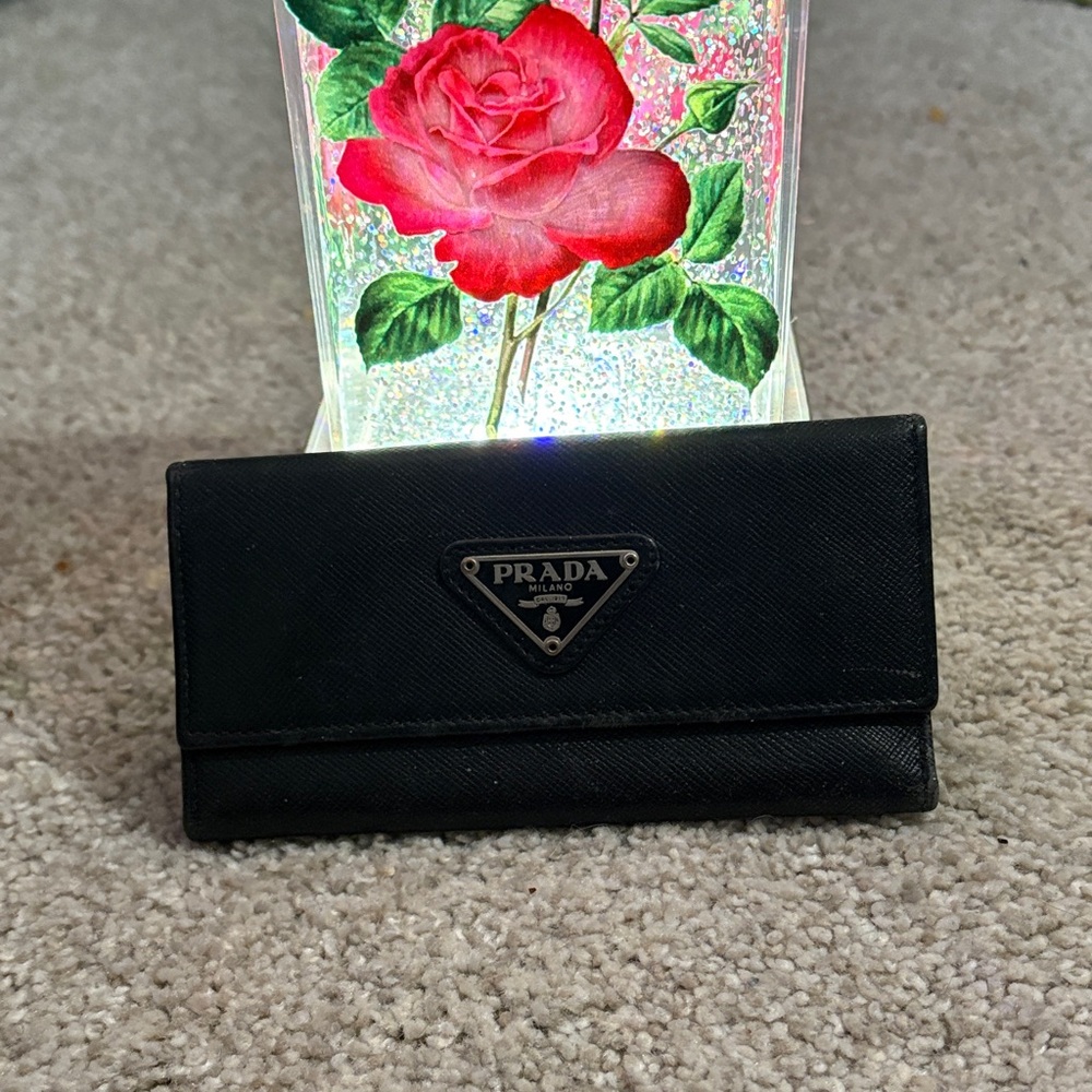 Prada Black Saffiano Leather Card Holder with Triangle Logo Plaque